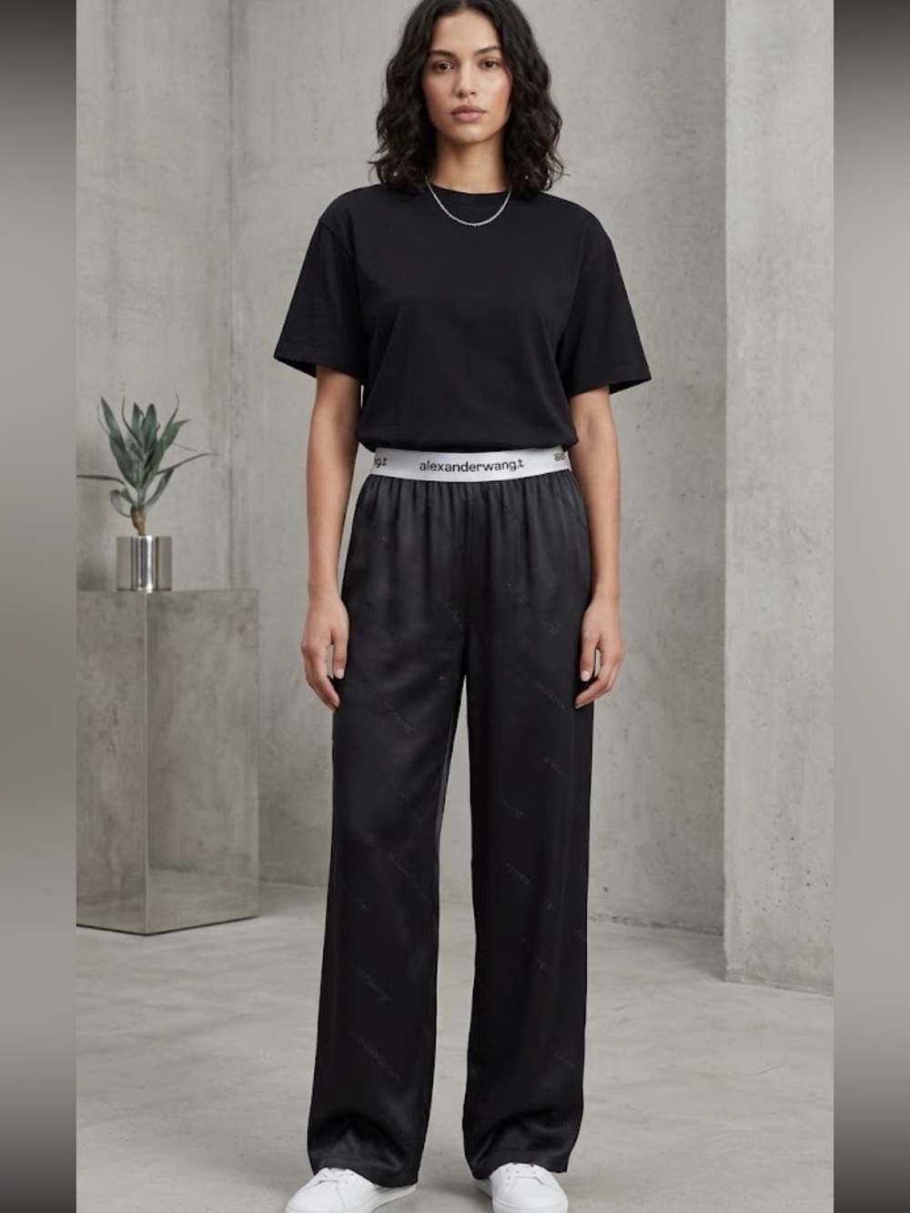 Black Wide-Leg Logo Waistband Pants